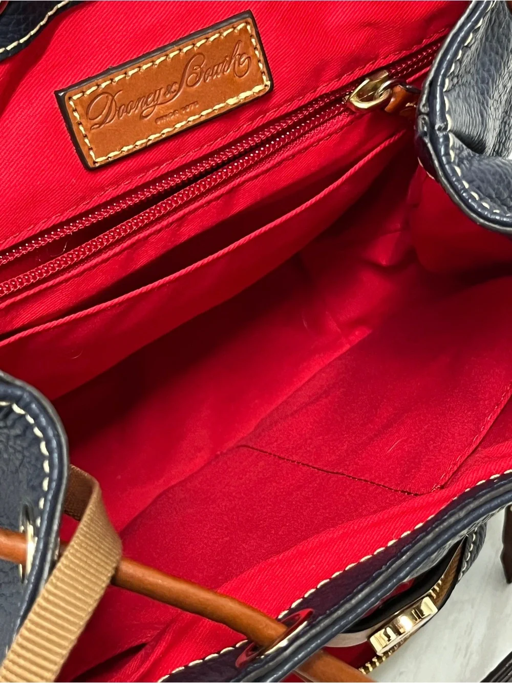 Dooney & Bourke Navy Pebble Grain Leather Backpack Bag with Brown Trim